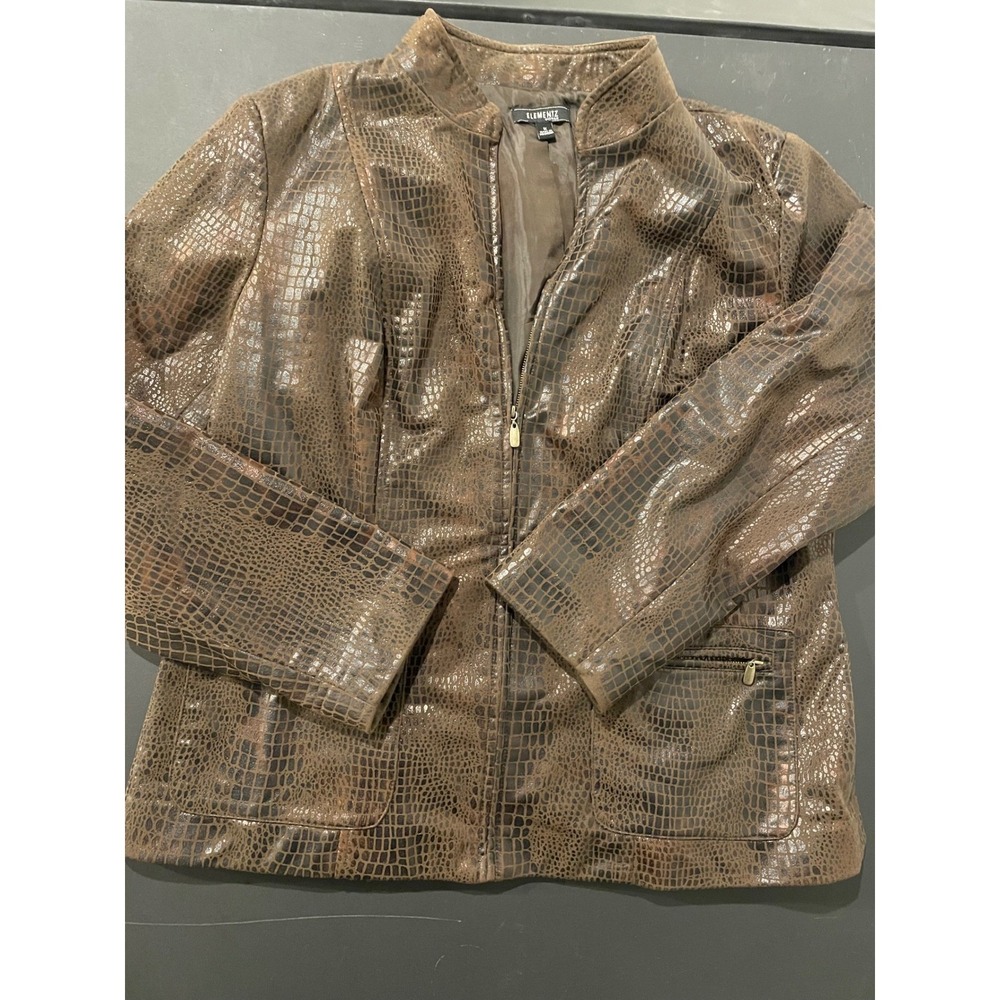Elementz Woman Brown Faux Leather Croc Print Zip Up Jacket Size 1X
